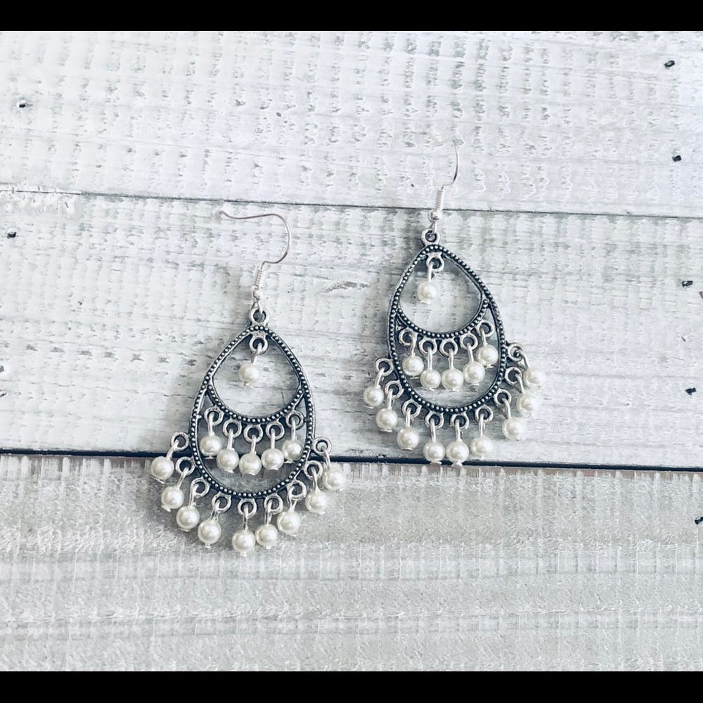 Bohemian White Pearl Oval Chandelier Earrings NWT